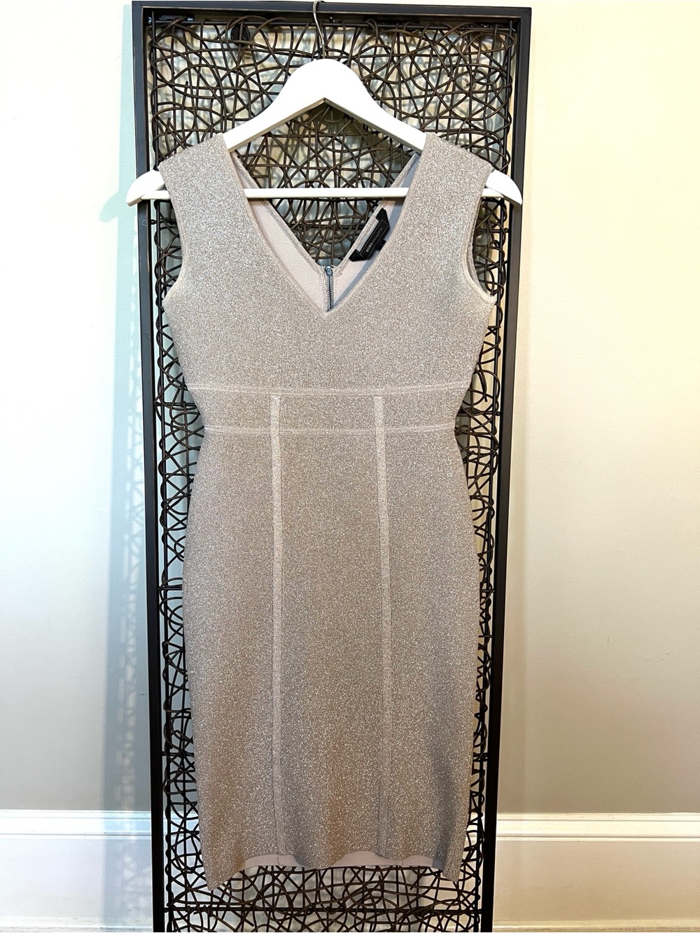 BCBGMAXAZRIA Lurex paneled cocktail shimmer silver bodycon stretchy dress S
